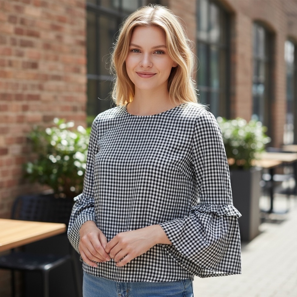 AMT Black Checkered Long Bell Sleeve Top
